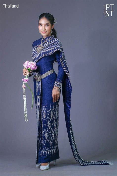 Thai Siwalai Dress Thai National Costume With Indigo Dyed Mudmee Ikat