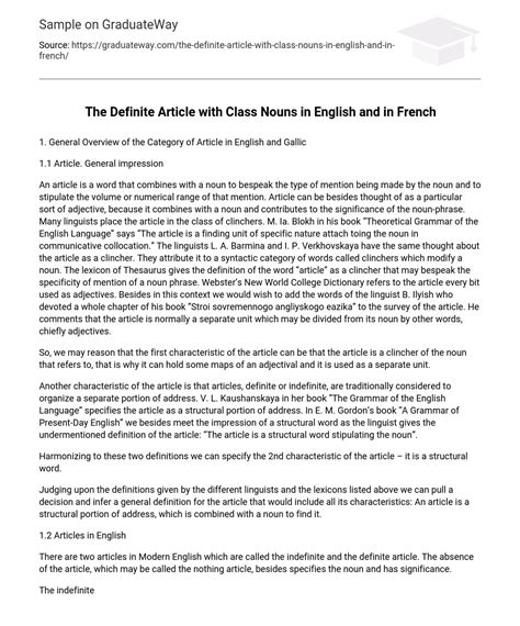 ⇉the Definite Article With Class Nouns In English And In French Essay