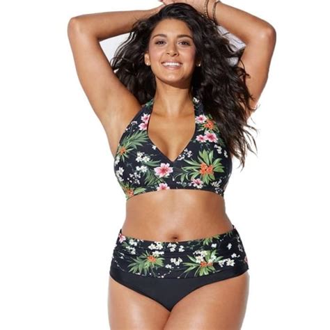 Bikini Maillot De Bain Pièces À Taille Haute Rembourré Pour Femme Impression Broderie