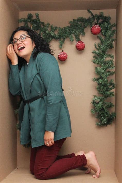 Latina Year Old Woman With Glasses Inside A Cardboard Box Decorated As A Gift To Celebrate