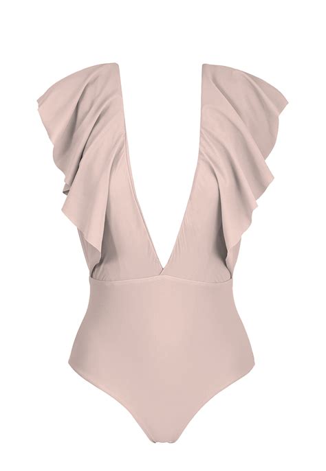 Nude Pink Plunging One Piece Swimsuit With Ruffles Essence Frill