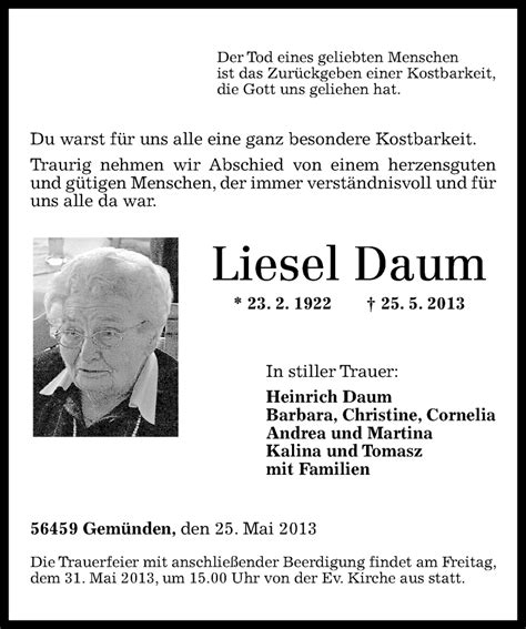 Traueranzeigen Von Liesel Daum Rz Trauer De