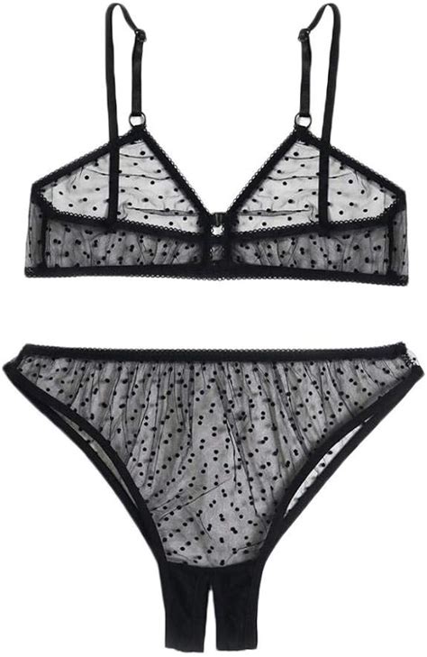XQTX Sexy Lingerie Dessous Sets Für Frauenfrauen Sexy Dot Mesh Wireless BH Open Crotch Tanga