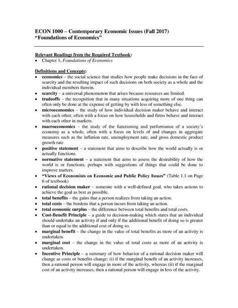 Chapter 1 Study Guide ECON 1000 Contemporary Economic Issues Fall