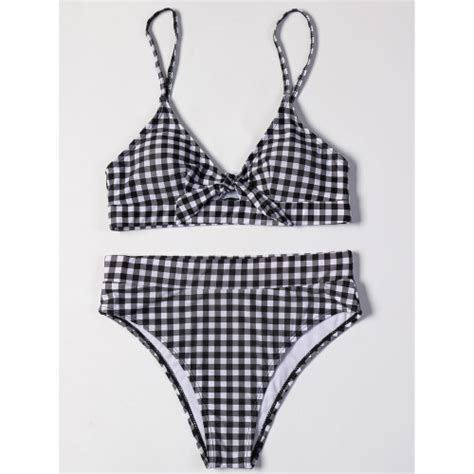 Bow Plaid Bikinis Push Up Sexy Bikini Straps Padded High Waist Swimsuit Retro Swimwear Women