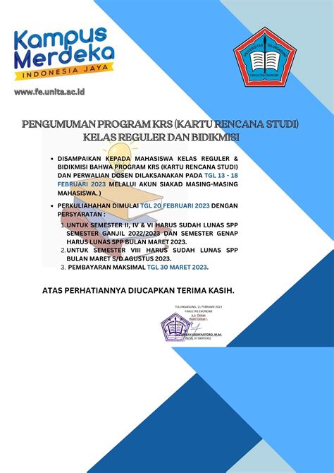 Pengumuman Program Krs Kartu Rencana Studi Kelas Reguler Fakultas