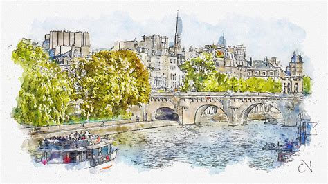 France Paris Seine River Urban Sketch Digital Art By Carlos V Pixels