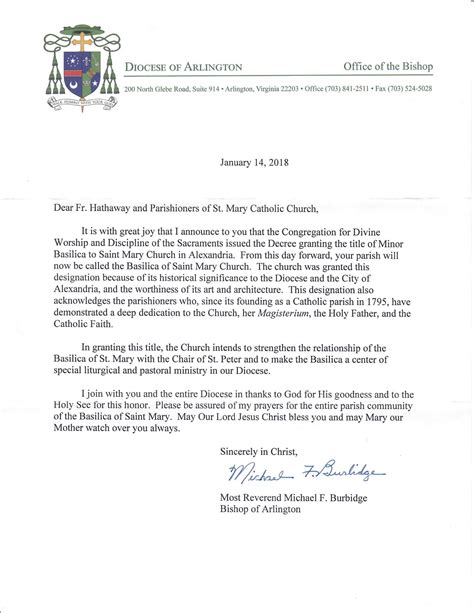 Letter from Bishop Burbidge - The Basilica of Saint Mary