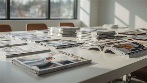 modern office table  stacked magazines  brochures  bright
