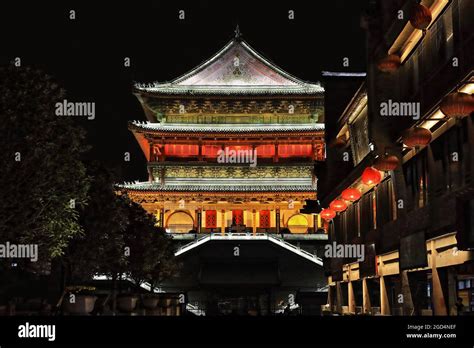 Night View Brightly Illuminated East Facade Gulou Or Drum Tower Xian