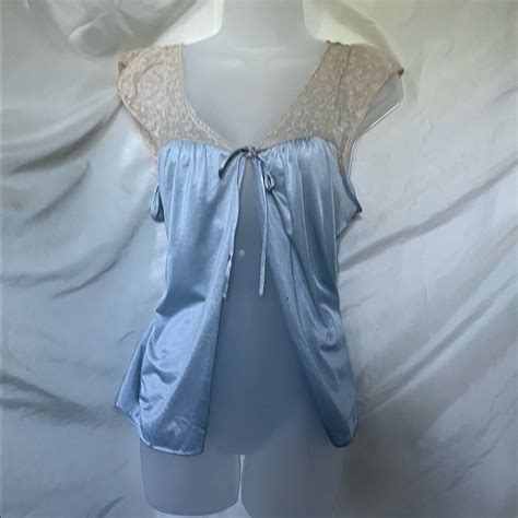 Vintage Baby Blue Satin Lace Lingerie Nightgown Top Gem