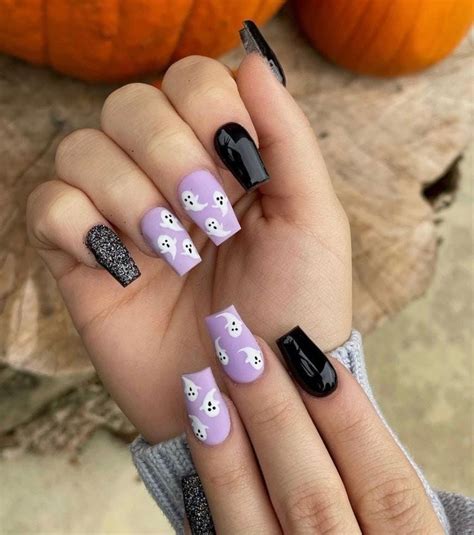 Halloween Black And Purple Nails Design Ghost Nails Press On Nails Fake Nails Glue On Nails