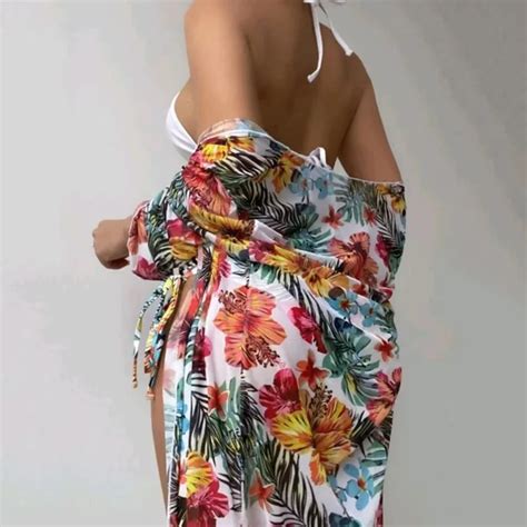 Floral Low Waist Bikini Set Cover Up Swimsuit For Women Push Up Long Sleeve Pieces