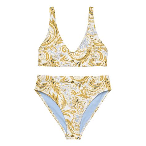 Paisley Print High Waisted Two Piece Bikini Set Gold Periwinkle Sexy Womens Minimal Swimwear