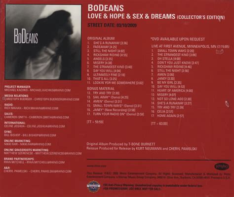Bodeans Love Hope Sex Dreams US Promo CD R Acetate