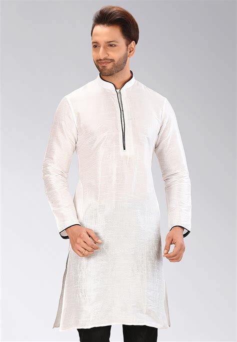 Solid Color Dupion Silk Kurta In White Mlc