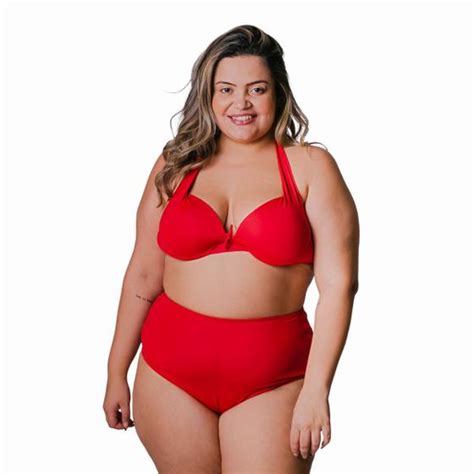 Biquini Plus Size Hot Pants Cintura Alta Bojo Fixo Meia Taca Vermelho