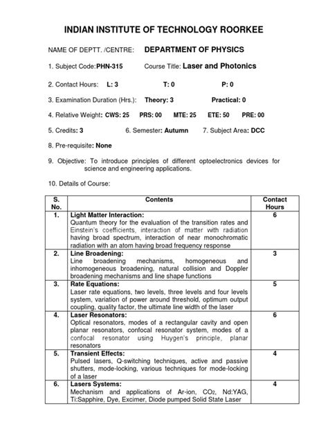 Phn 315 Syllabus Pdf Laser Optics