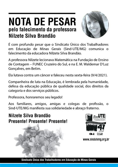 Nota De Pesar Pelo Falecimento Da Professora Nilzete Silva Brand O