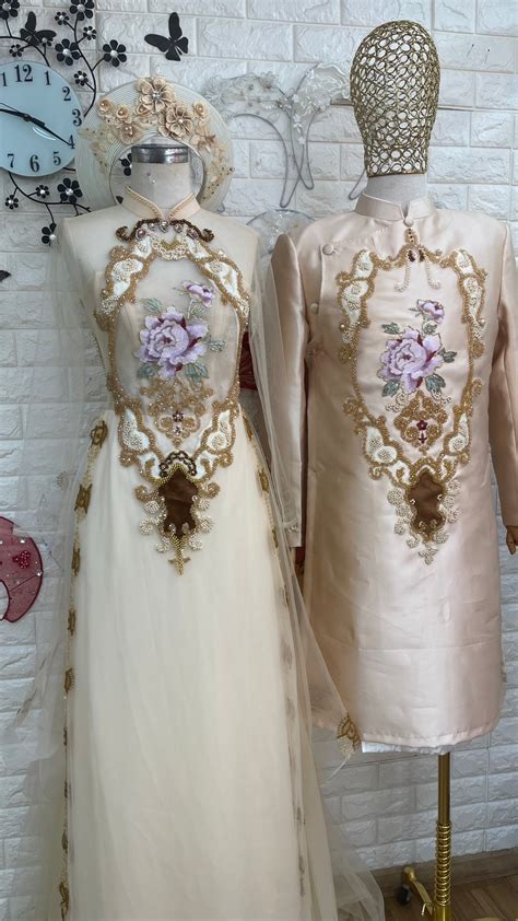 Traditional Vietnamese Wedding Ao Dai In Nude Cream With Beaded Lace Optional Head Piece