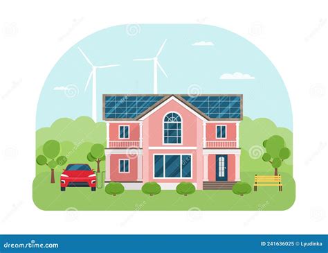 Huis Met Zonnepanelen Op Het Dak En Een Elektrische Auto