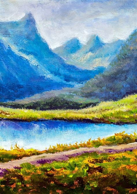 Mountain Landscape Original Modern Oil Painting Beautiful Lake In