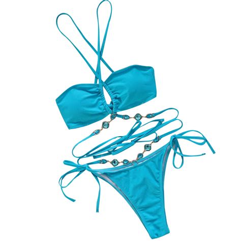 UTSJKR Women S Halter Shiny Crystal Bathing Suit Lace Up Cross Thong Brazilian Rhinestone Bikini
