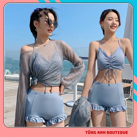 Đồ bơi nữ tay dài kín đáo trẻ trung Bikini đi biển 2 mảnh quần đùi Set bikini buộc dây có áo