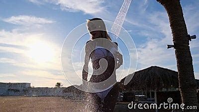 Fashion Model Wearing Bikini Taking A Relaxing Shower On Tropical Beach Stock Footage Video Of