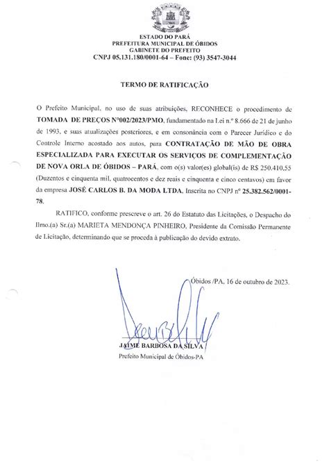 TERMO DE RATIFICAÇÃO Prefeitura Municipal de Óbidos Gestão 2021 2024