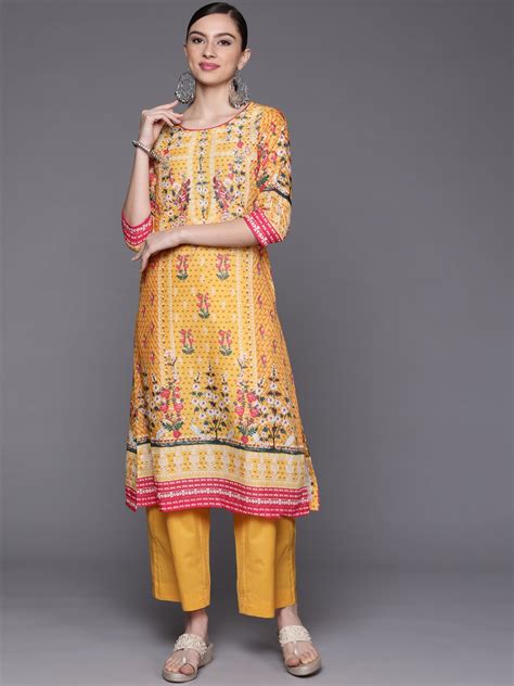 Buy Biba Women Yellow Ethnic Motifs Printed Pure Cotton Kurta With ...