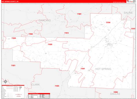 Hot Spring County AR Zip Code Wall Map Red Line Style By MarketMAPS
