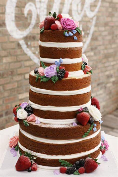 Naked Wedding Cake With Fresh Fruit And Buttercream Flowers