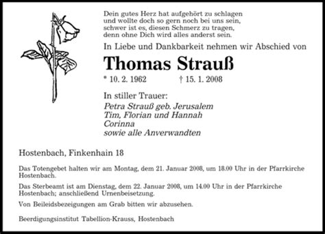 Traueranzeigen Von Thomas Strau Saarbruecker Zeitung Trauer De