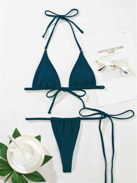 SHEIN Swim Basics Solid Bikini Set Micro Triangle Bra Thong Bottom 2 Piece Bathing Suit SHEIN