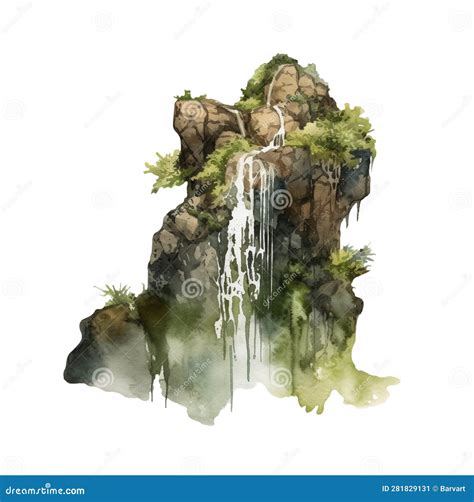 Watercolor Illustration Of Beautiful Waterfall And Mountains On White