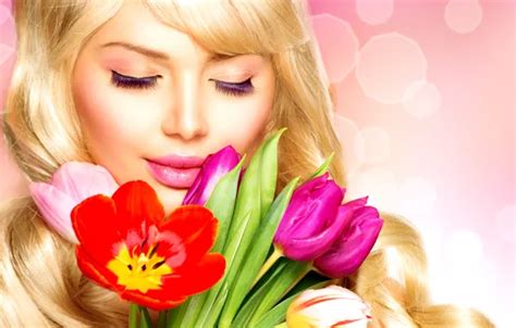 Wallpaper Girl Eyelashes Model Blonde Spring Flowers For Mobile