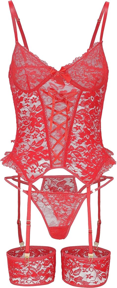 Amazon Lingerie For Women Sexy Lace Teddy Bodysuit Nightie Set Large Red Clothing Shoes