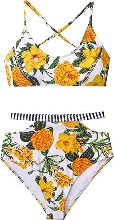 Amazon CUPSHE Women S Floral Paradise High Waisted Bikini Small Yellow Clothing Shoes