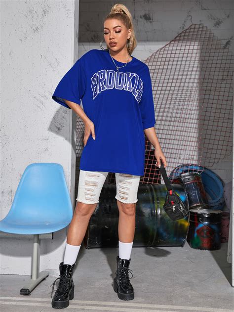 Drop Shoulder Letter Graphic Longline Tee SHEIN USA