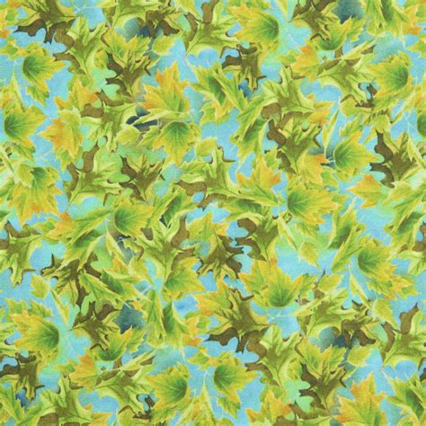 Tumbling Green Leaves On Sky Blue Fabric By Quilting Treasures Modes4u