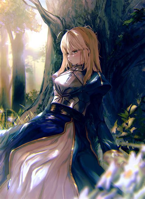 Safebooru Girl Ahoge Armor Artoria Pendragon Fate Blonde Hair Blue Dress Breastplate Dress
