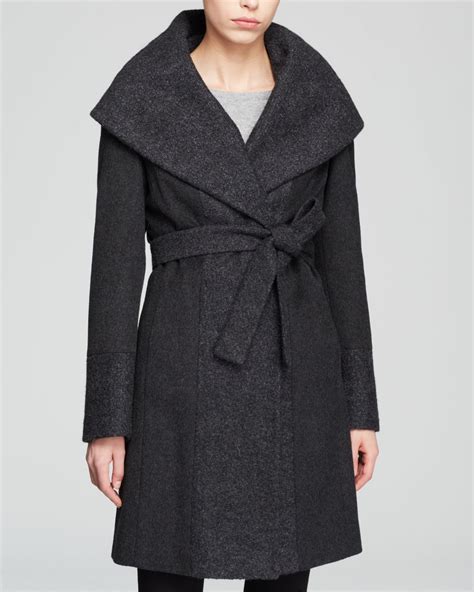 Calvin Klein Coat Belted Wool Wrap In Gray Charcoal Lyst