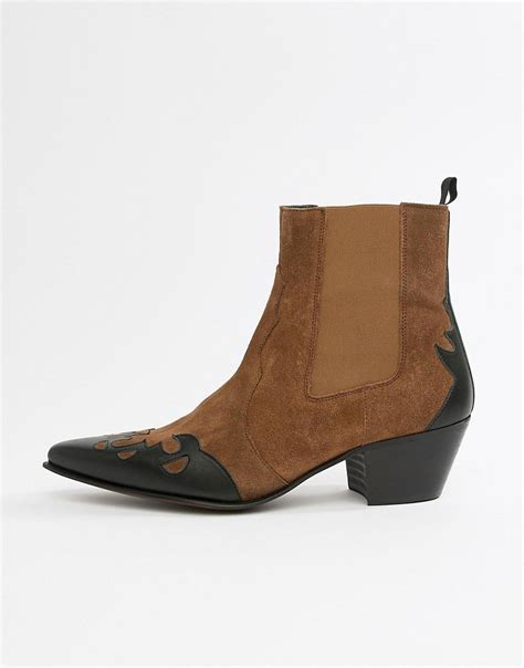 Asos Design Cuban Heel Western Chelsea Boots In Tan Suede And Leather Mix 73 Asos Lookastic