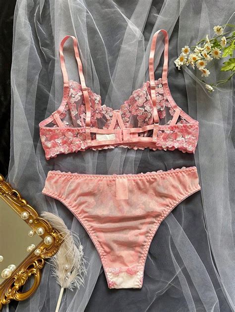 Pcs Women Sexy Lingerie Set Pink Floral Embroidery Mesh Sheer Thin Bra Intimate Bedroom