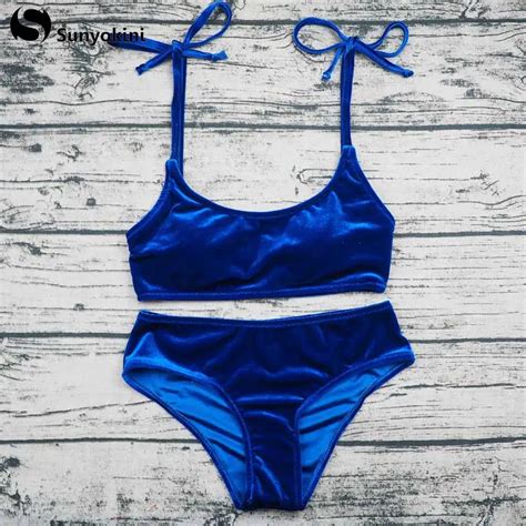Sunyokini Sexy Velvet Swimsuit Women Swimwear Two Pieces Bikini Set Paded Mid Waist Bathing