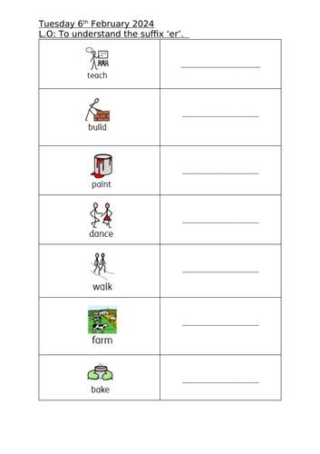 Suffix Er Worksheet Teaching Resources