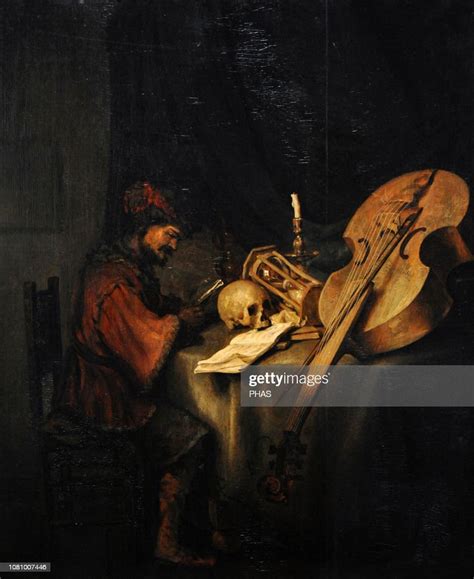 Karel Van Der Pluym Dutch Painter Man Reading With Symbols Of