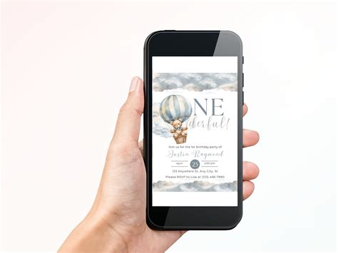 Onederful Hot Air Balloon Birthday Party Editable Hot Air Balloon Invitation One Year Boy