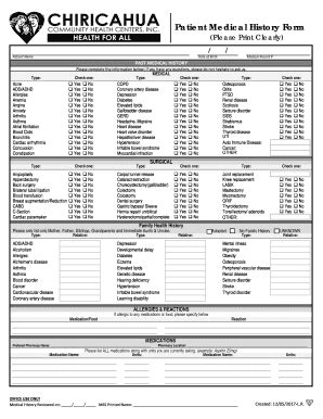 Fillable Online Patient Medical History Form Chiricahua Community